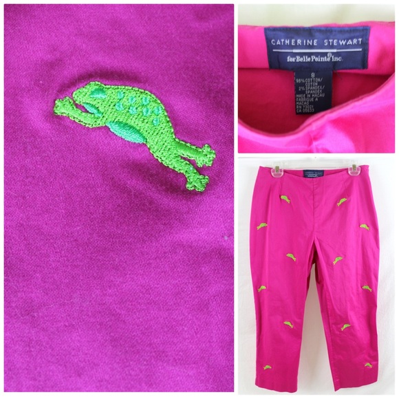 Hot Pink Frog Embroidered Capri Pants Sz 8 Critter - Picture 1 of 7